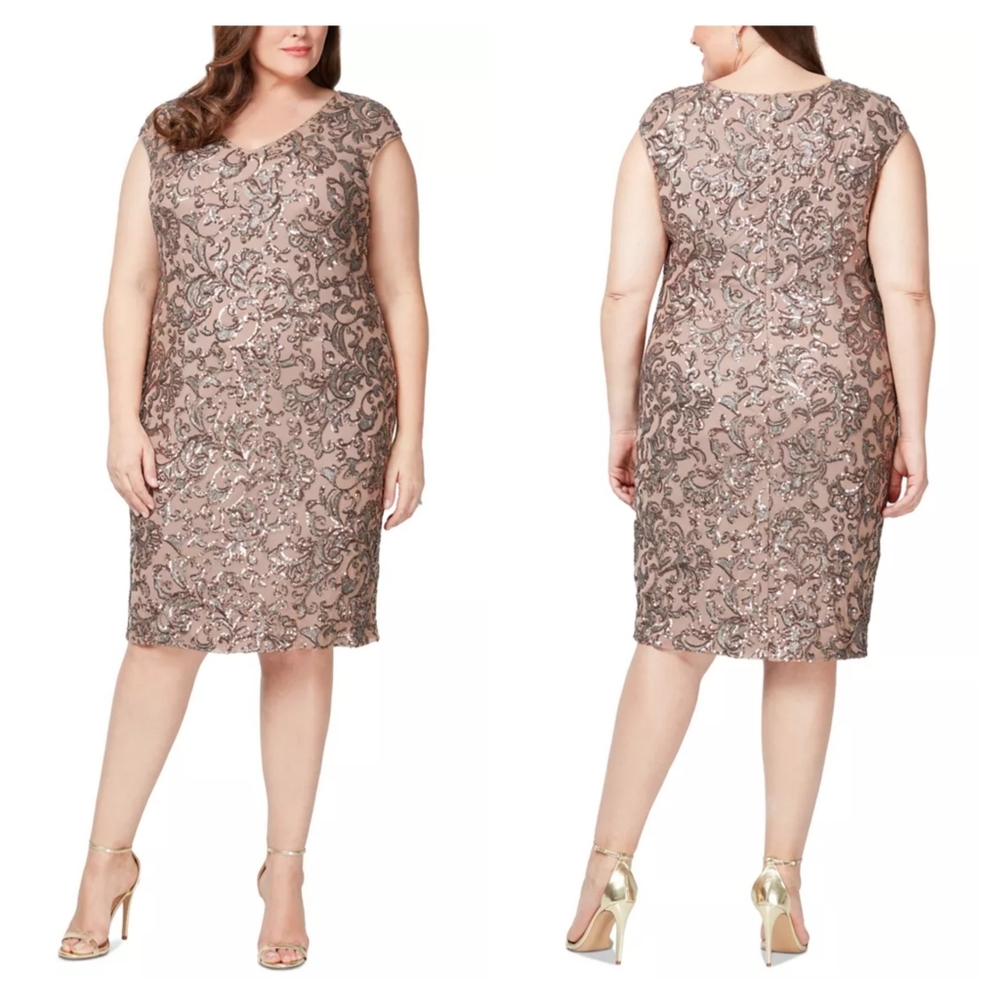 Alex Evenings Plus Size Sequined V-Neck Cap-Sleeve Dress 20W Brown Mocha